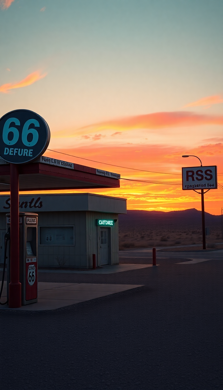 Old Gas Station Desert Route Photorealistic Wallpaper