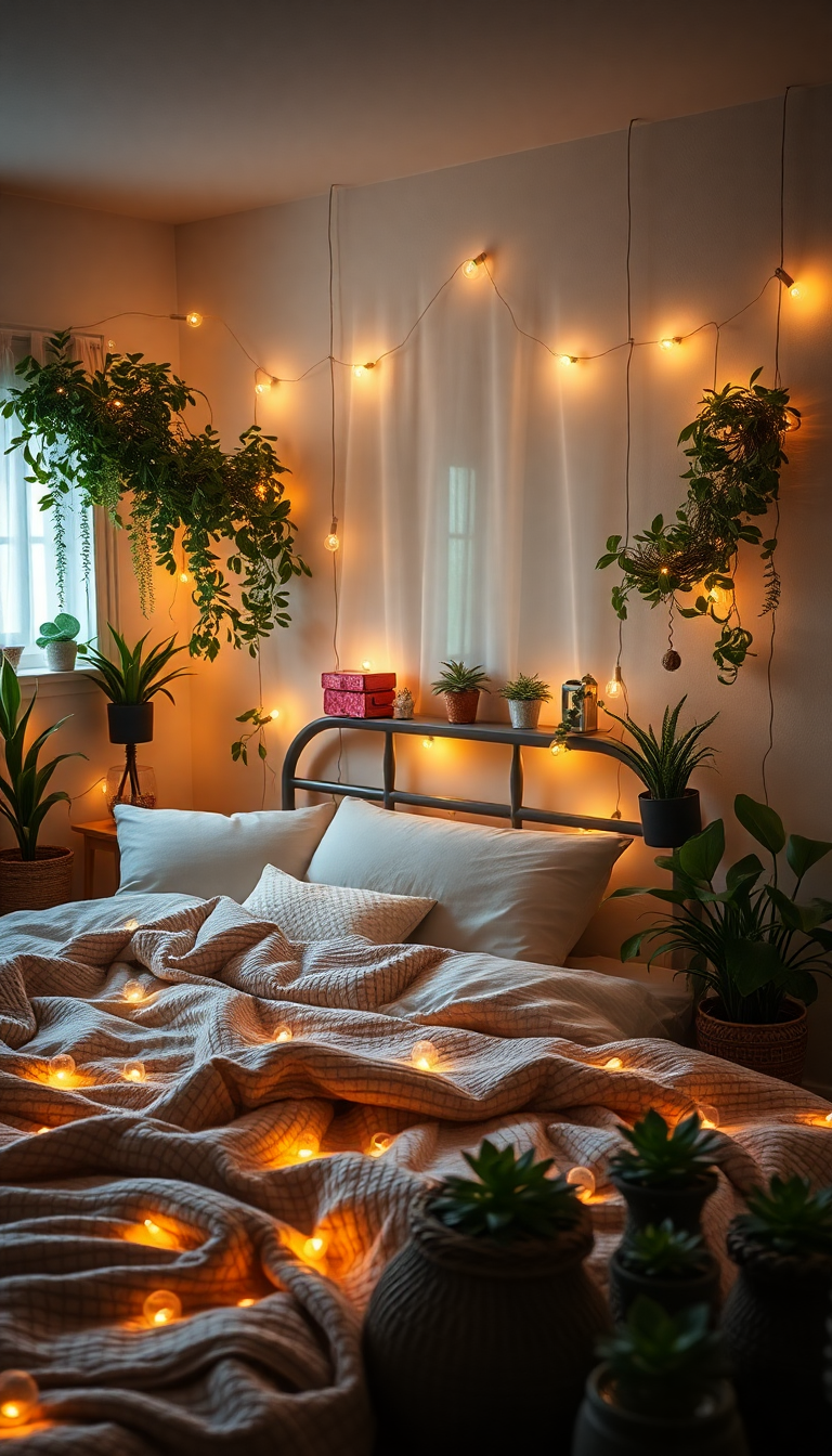 Indie Bedroom Fairy Lights Plants Photorealistic Wallpaper
