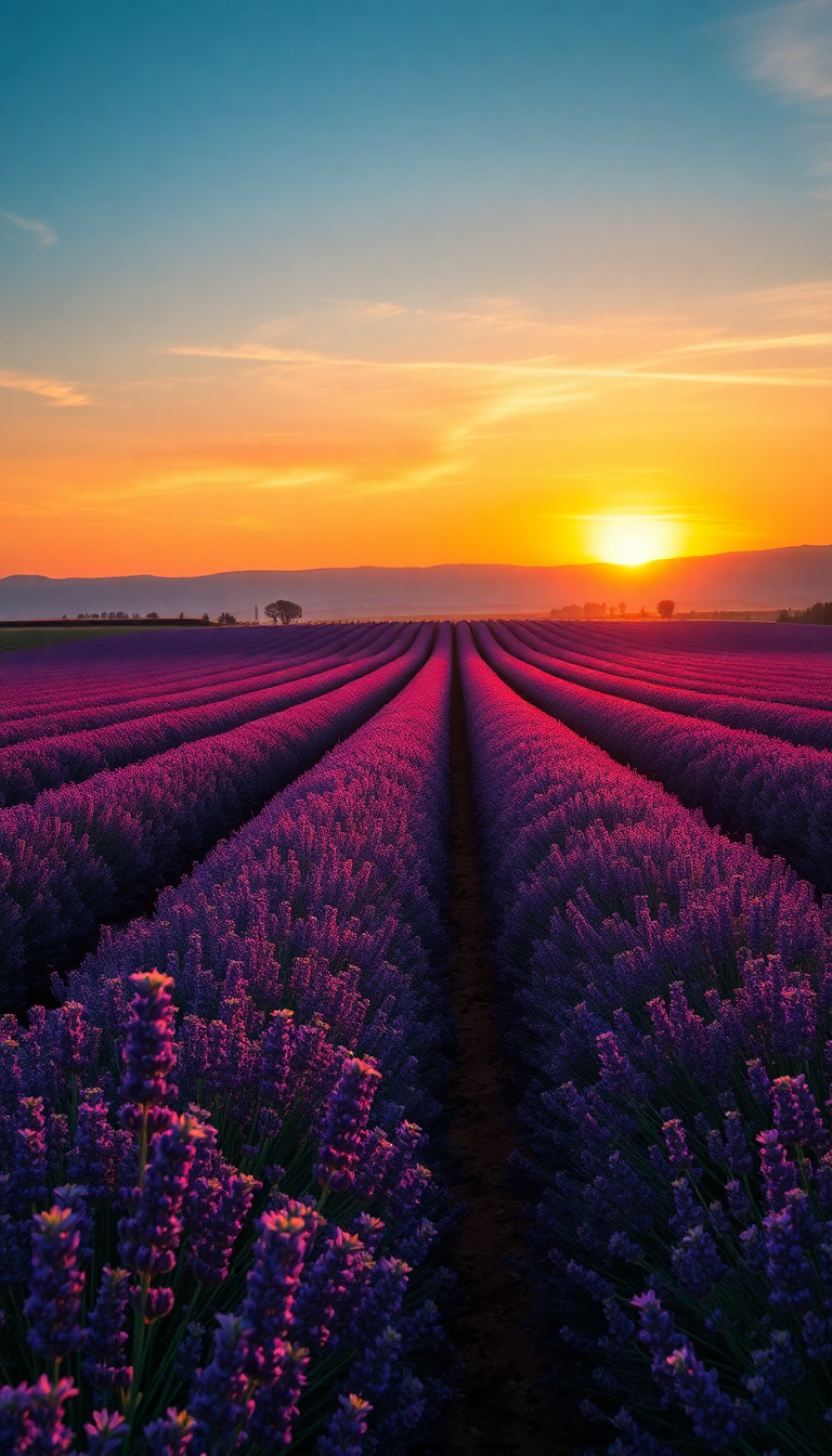 Lavender Fields Provence Sunset Golden Photorealistic Wallpaper