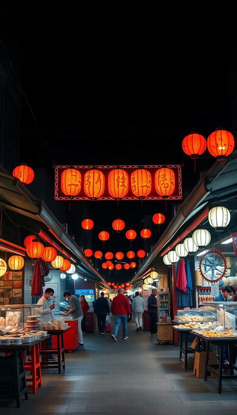 Night Market Street Food Stalls Photorealistic Wallpaper