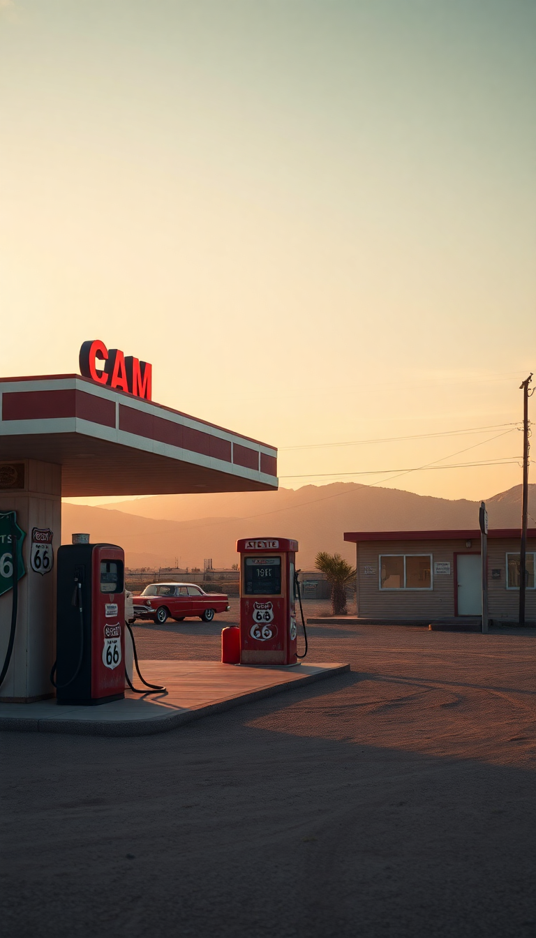 Old Gas Station Desert Route Photorealistic Wallpaper