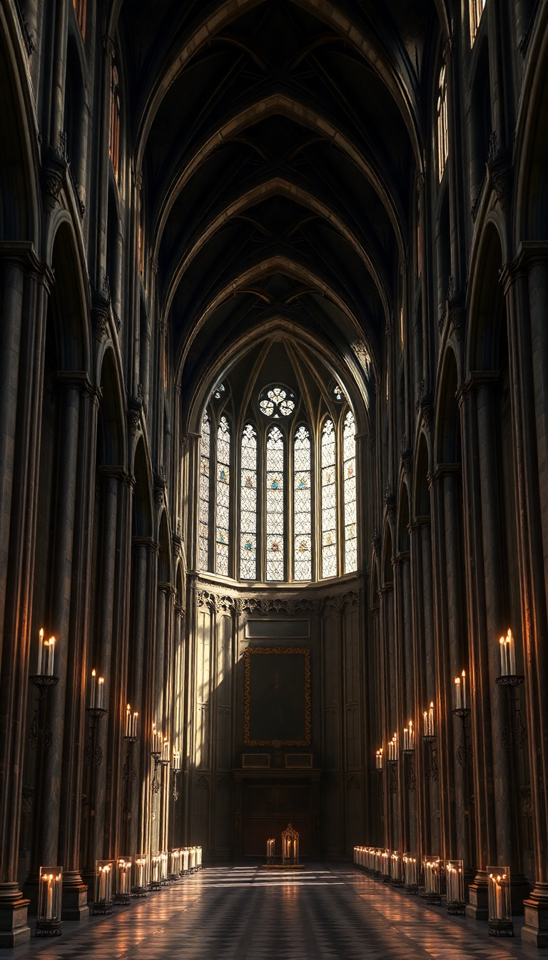 Gothic Cathedral Interior Candlelight Shadows Photorealistic Wallpaper
