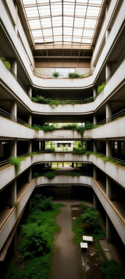 Abandoned Shopping Mall Nature Reclaiming Photorealistic Wallpaper