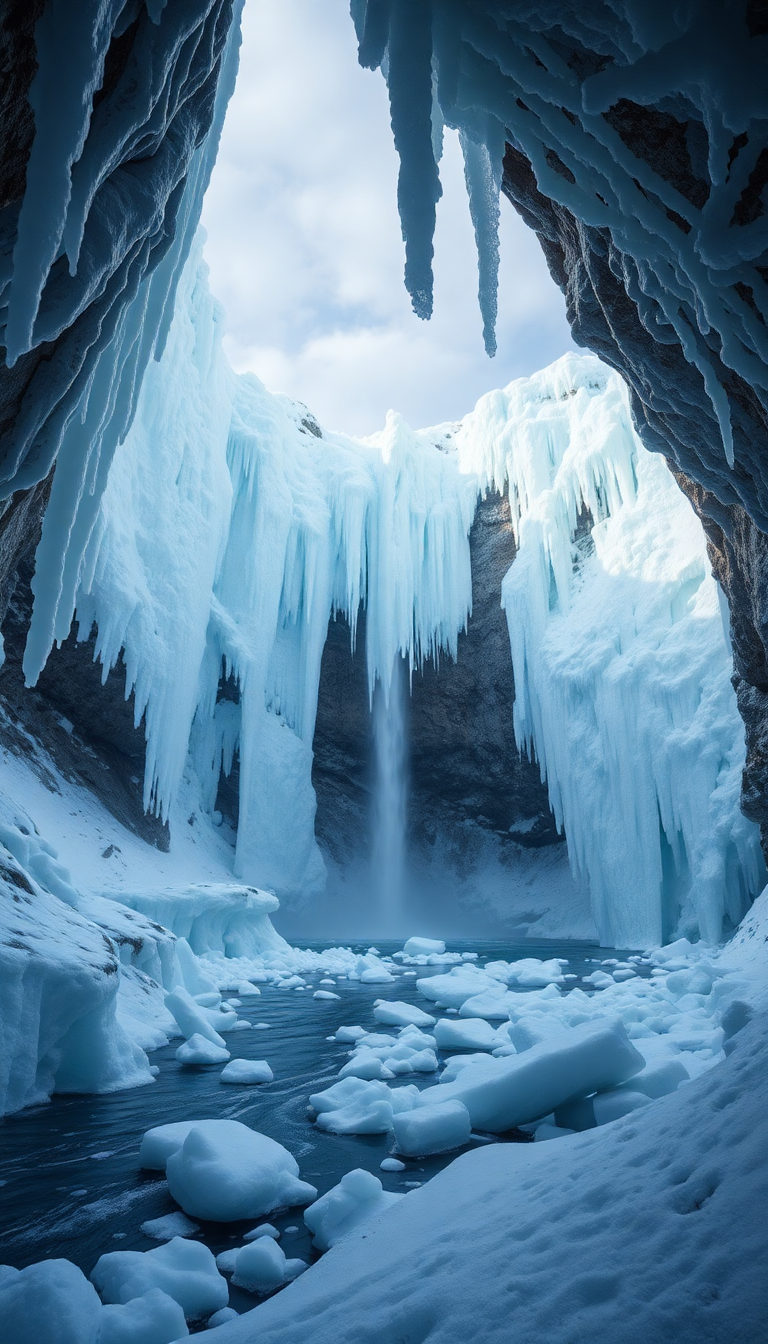 Frozen Waterfall Ice Formations Winter Photorealistic Wallpaper