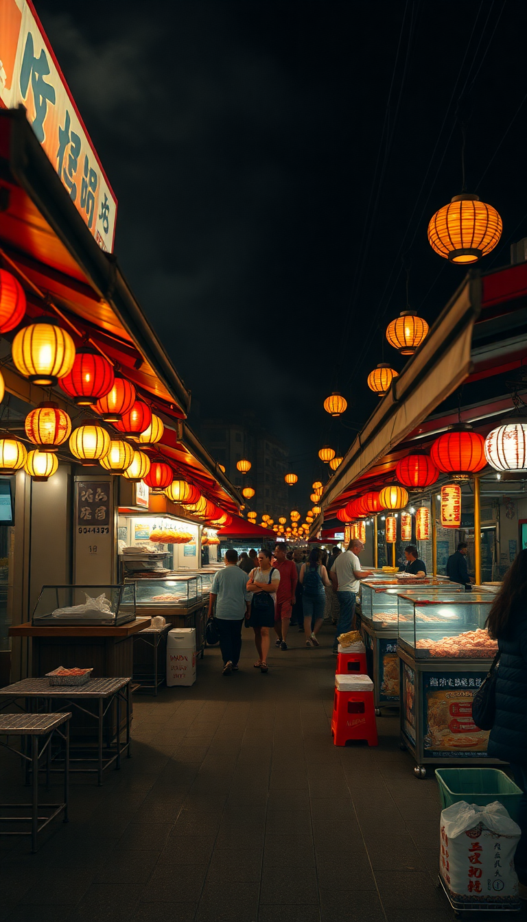 Night Market Street Food Stalls Photorealistic Wallpaper