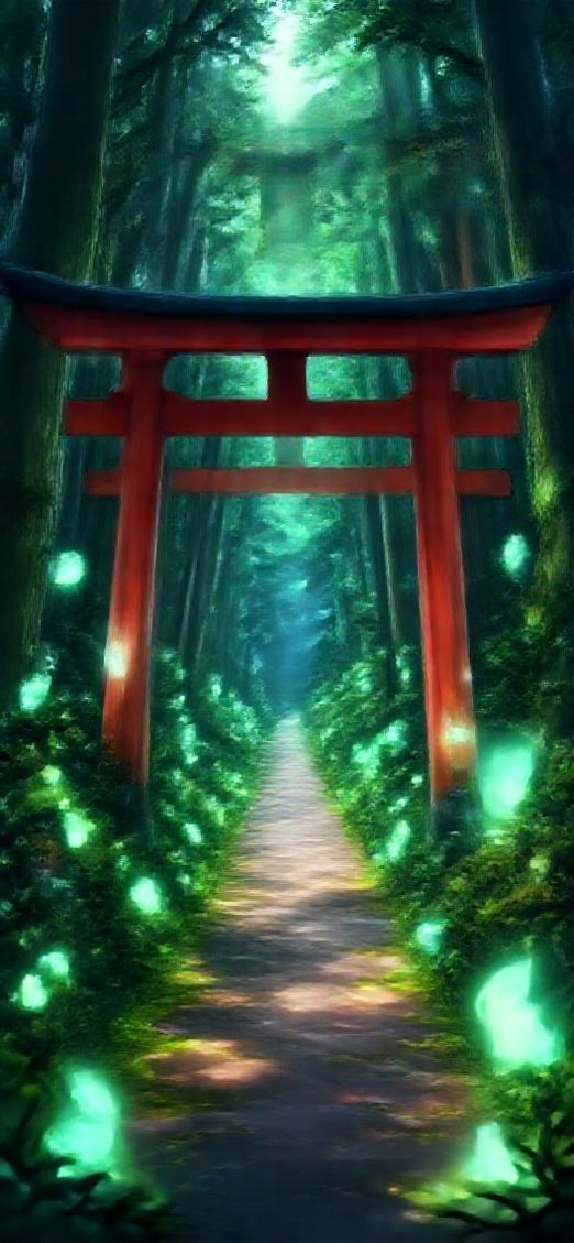 Spirit Forest Glowing Creatures Torii Anime Wallpaper