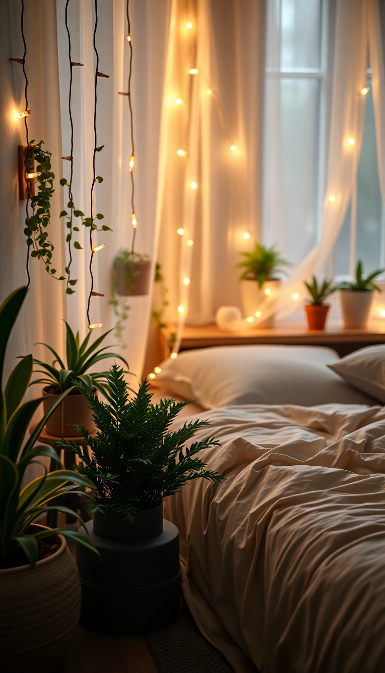 Indie Bedroom Fairy Lights Plants Photorealistic Wallpaper