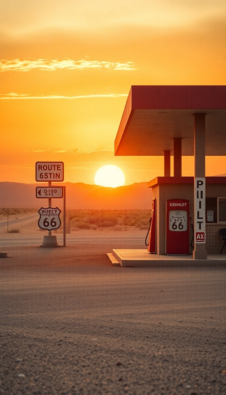 Old Gas Station Desert Route Photorealistic Wallpaper