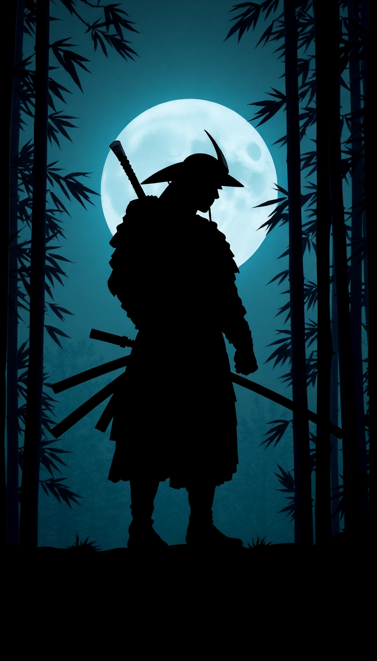 Samurai Silhouette Moonlit Bamboo Forest Digital art Wallpaper