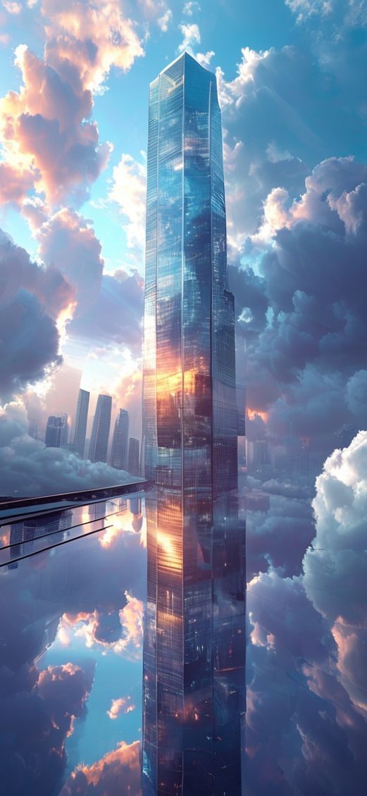 Glass Skyscraper Reflections Clouds Warped Photorealistic Wallpaper