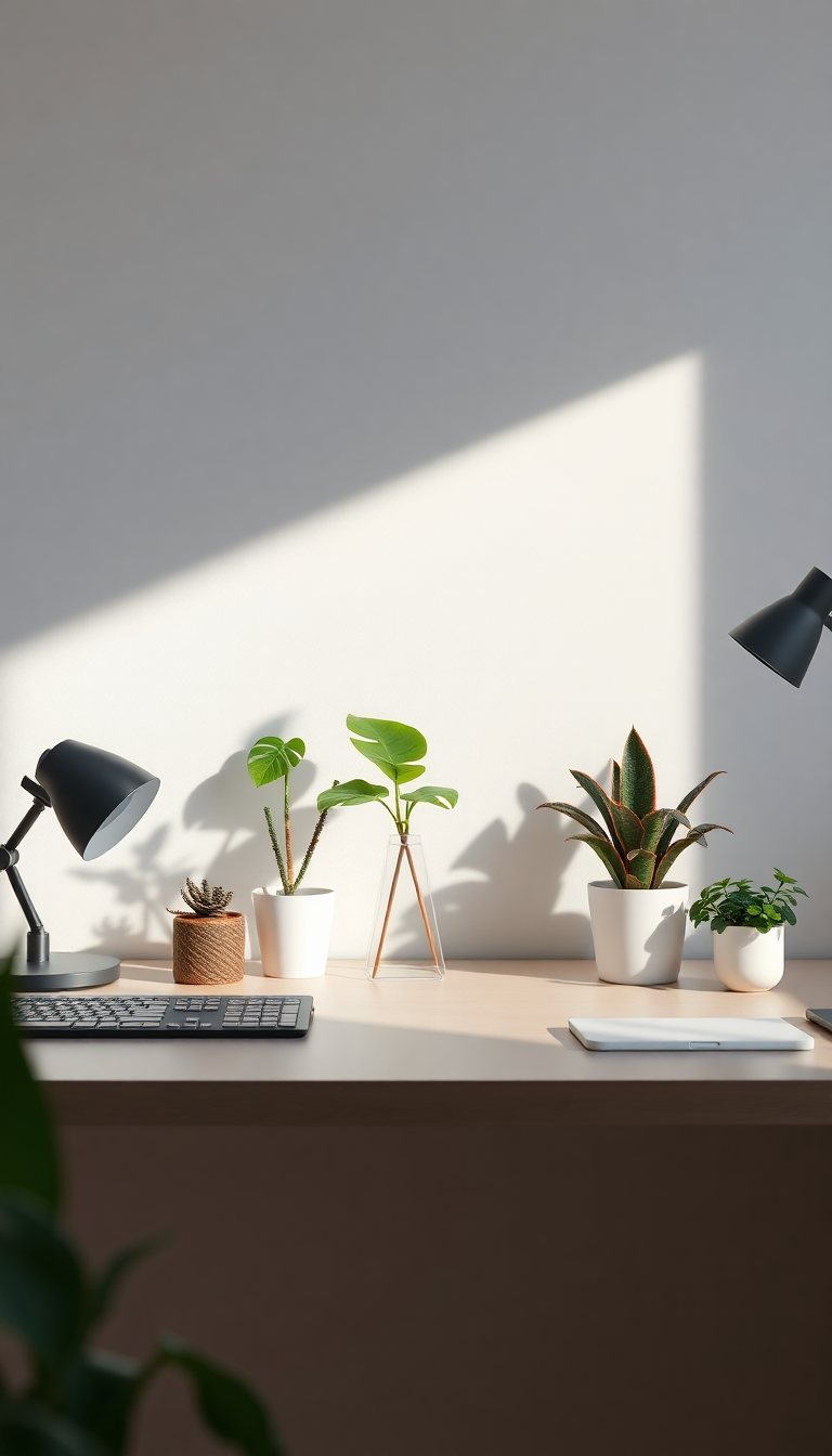 Minimalist Desk Setup Plants Morning Photorealistic Wallpaper