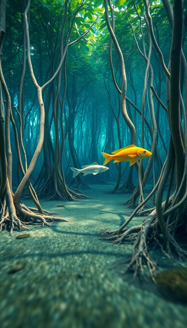 Mangrove Forest Roots Underwater Fish Photorealistic Wallpaper