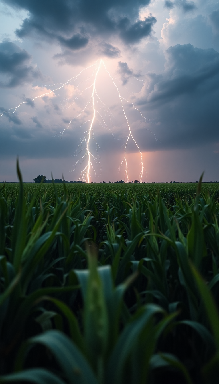 Icy Thunderstorm Lightning Over Cornfield Photorealistic Wallpaper