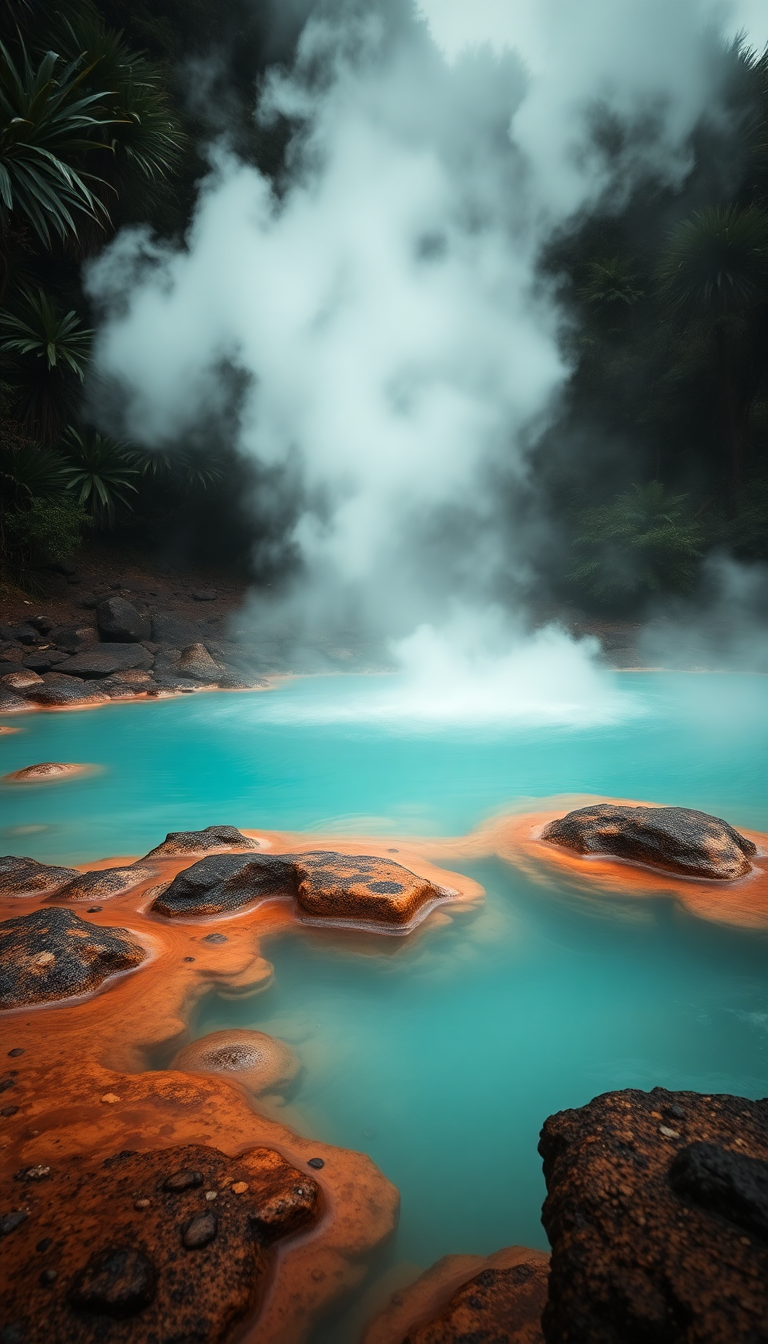 Volcanic Hot Springs Steam Rising Photorealistic Wallpaper