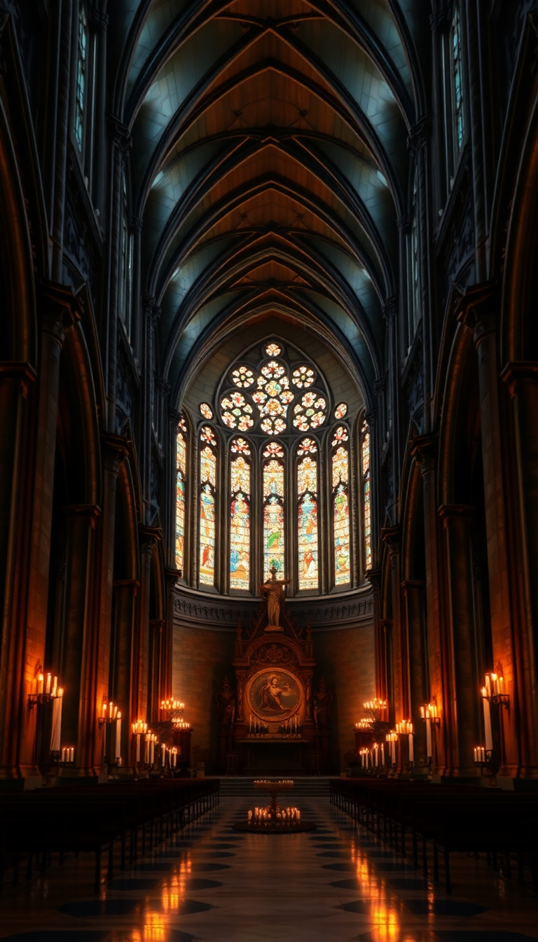 Gothic Cathedral Interior Candlelight Shadows Photorealistic Wallpaper