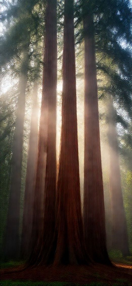 Giant Redwood Trees Morning Fog Photorealistic Wallpaper