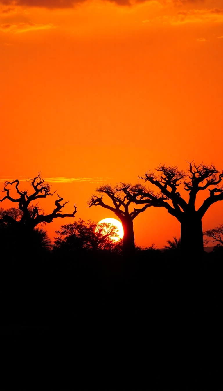 Baobab Trees Silhouette African Sunset Photorealistic Wallpaper