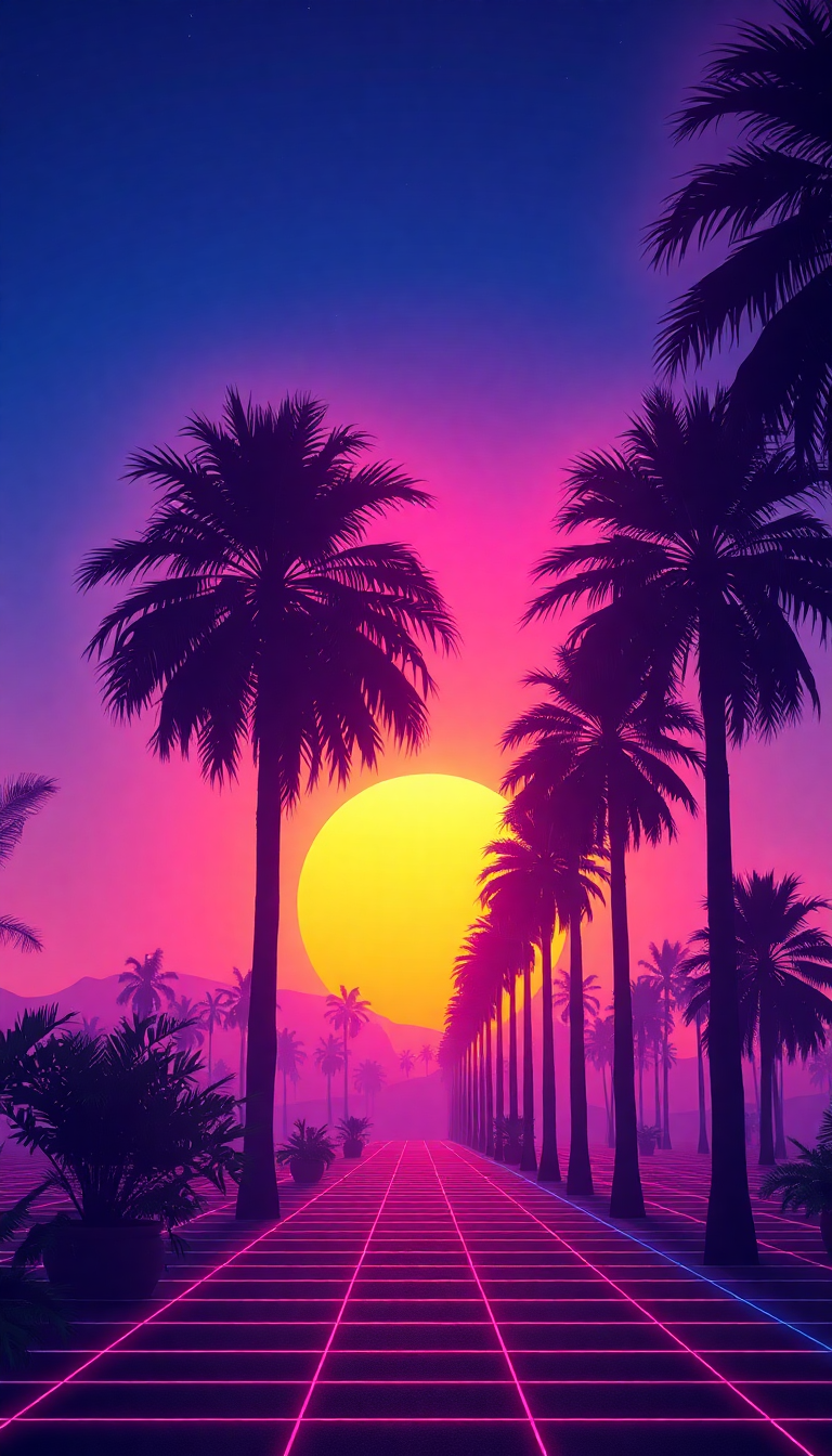 80s Synthwave Grid Sunset Palm Digital art Wallpaper