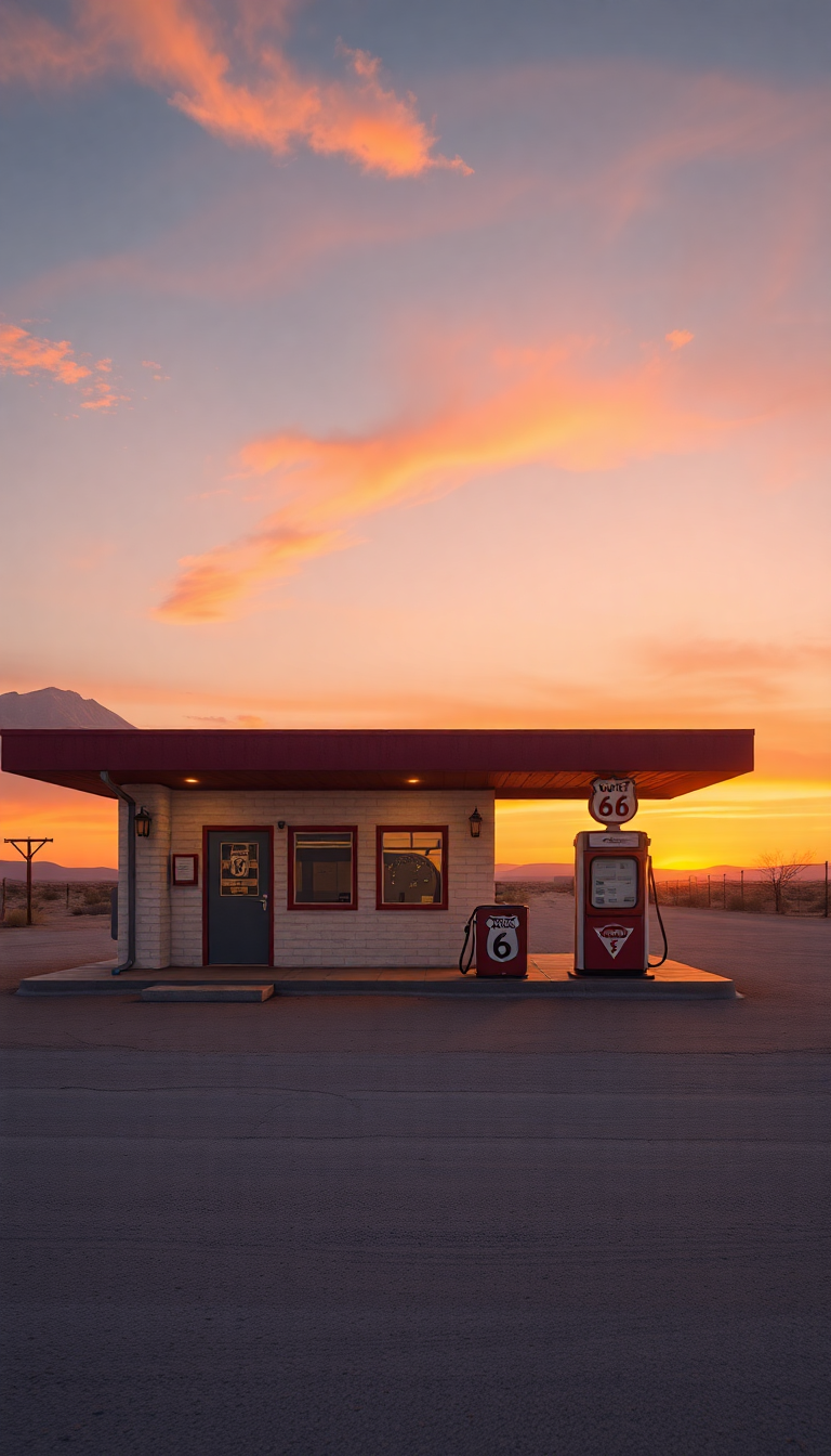 Old Gas Station Desert Route Photorealistic Wallpaper