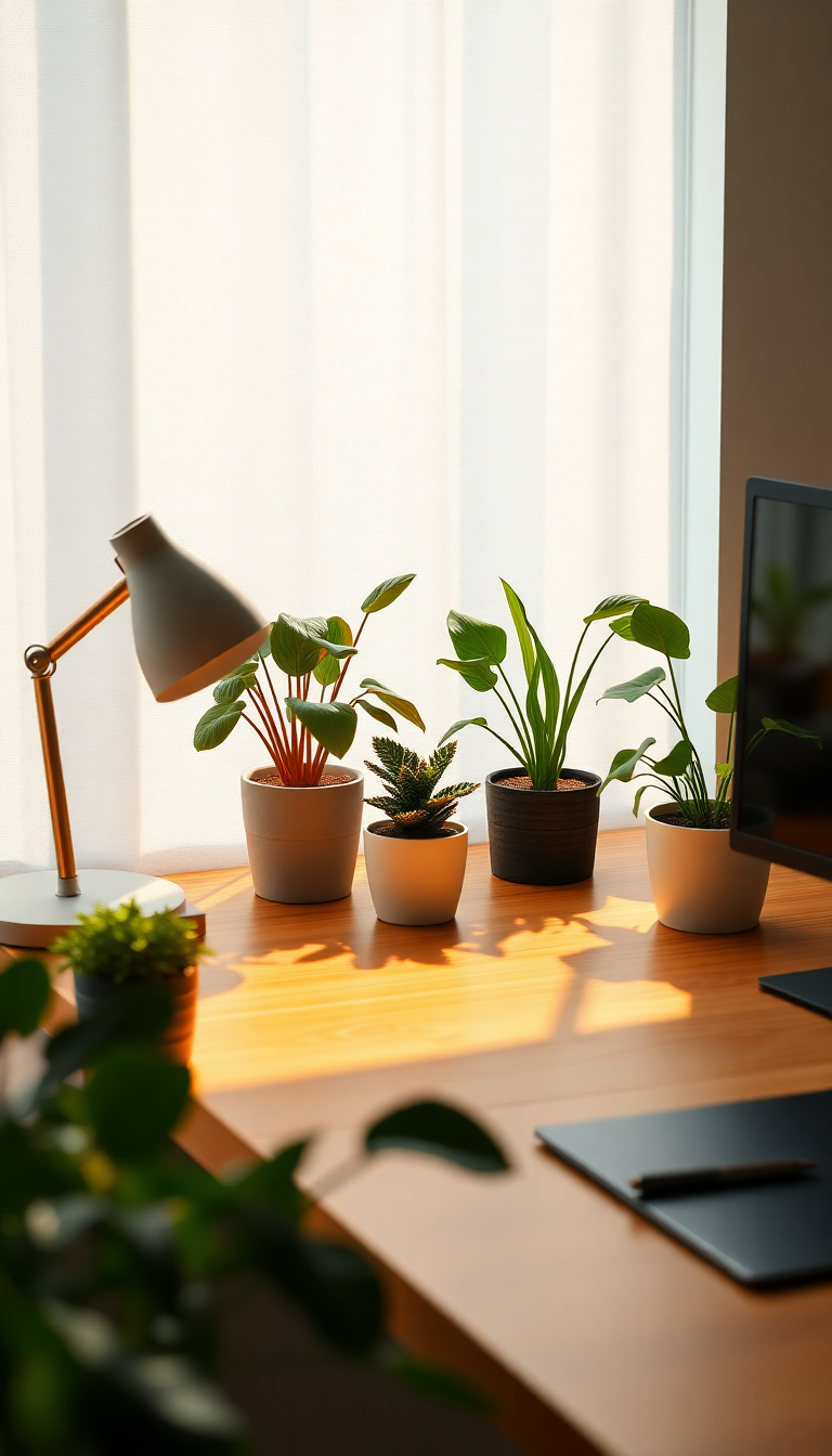 Minimalist Desk Setup Plants Morning Photorealistic Wallpaper