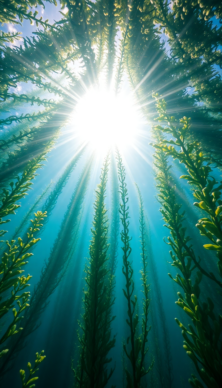 Underwater Kelp Forest Sun Rays Photorealistic Wallpaper