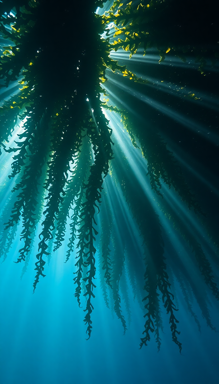 Underwater Kelp Forest Sun Rays Photorealistic Wallpaper