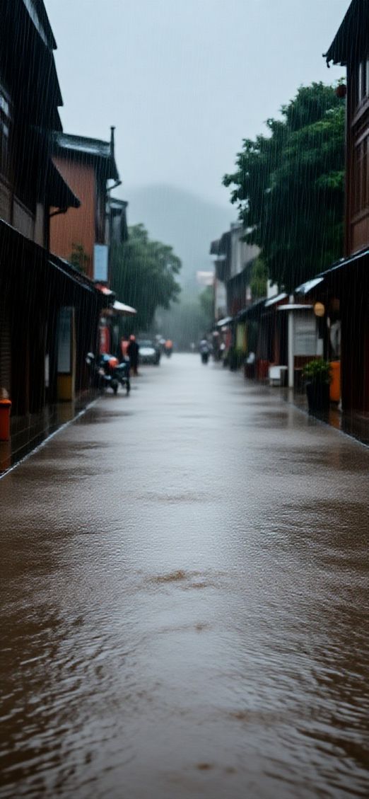 Monsoon Rain Heavy Downpour Street Photorealistic Wallpaper