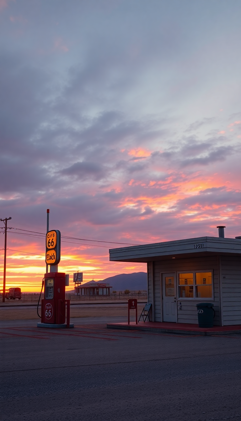 Old Gas Station Desert Route Photorealistic Wallpaper