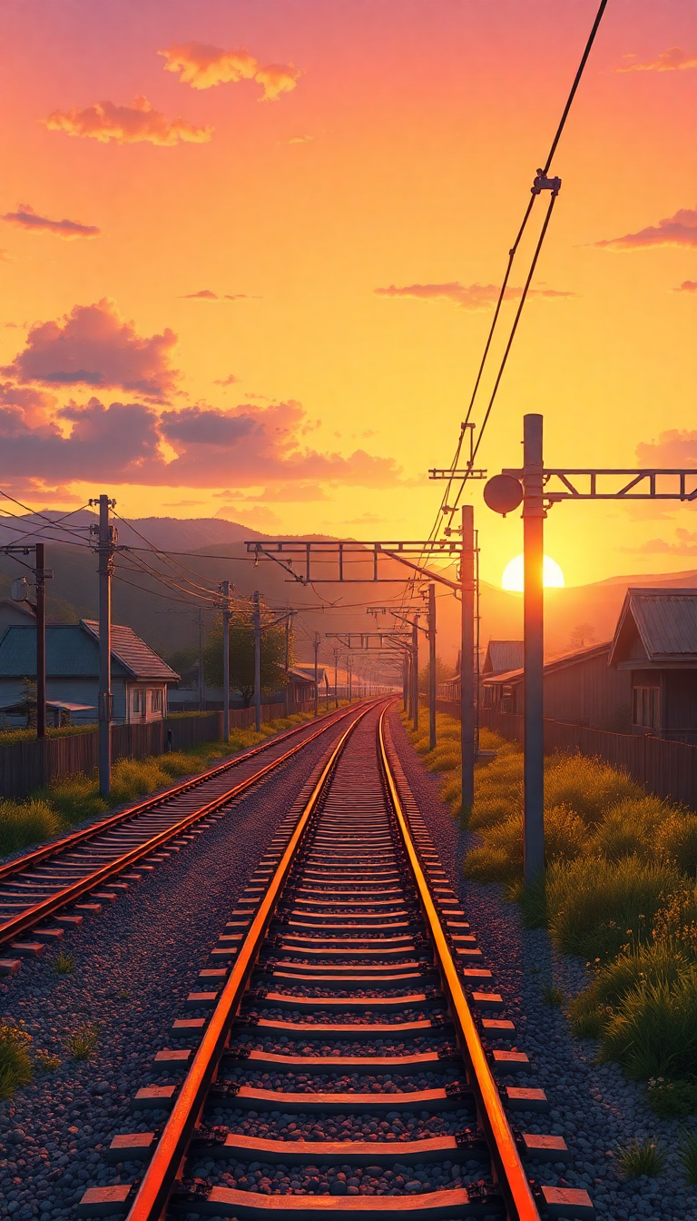 Train Crossing Rural Japan Sunset Anime Wallpaper