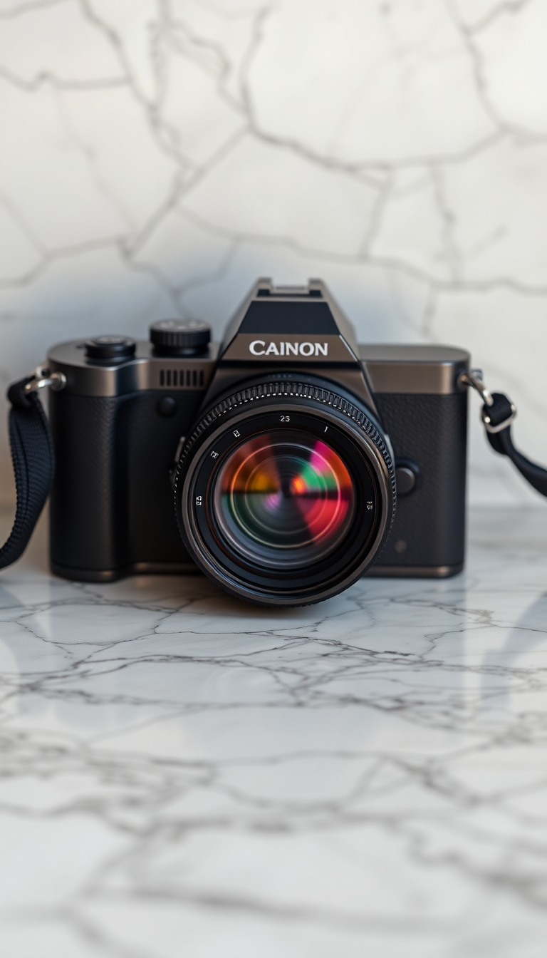 Film Camera On Marble Flatlay Photorealistic Wallpaper