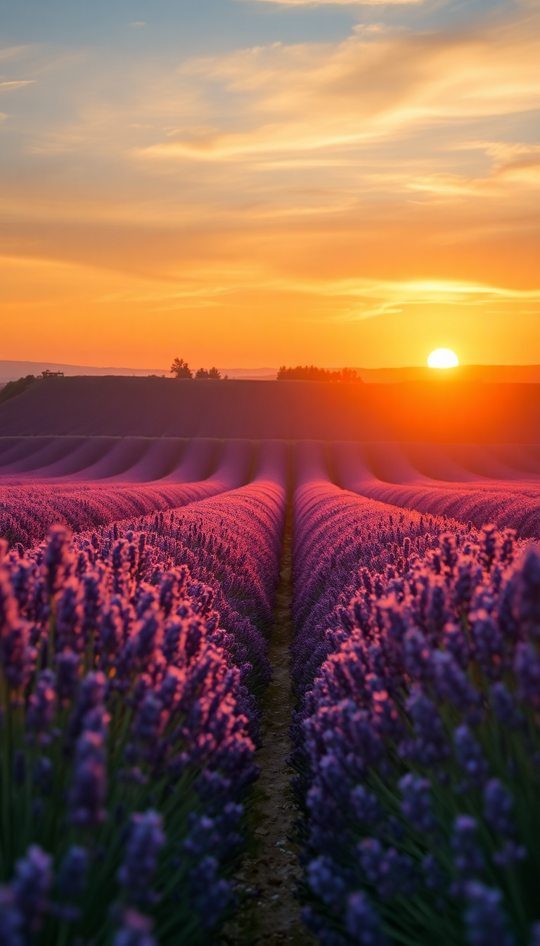 Lavender Fields Provence Sunset Golden Photorealistic Wallpaper
