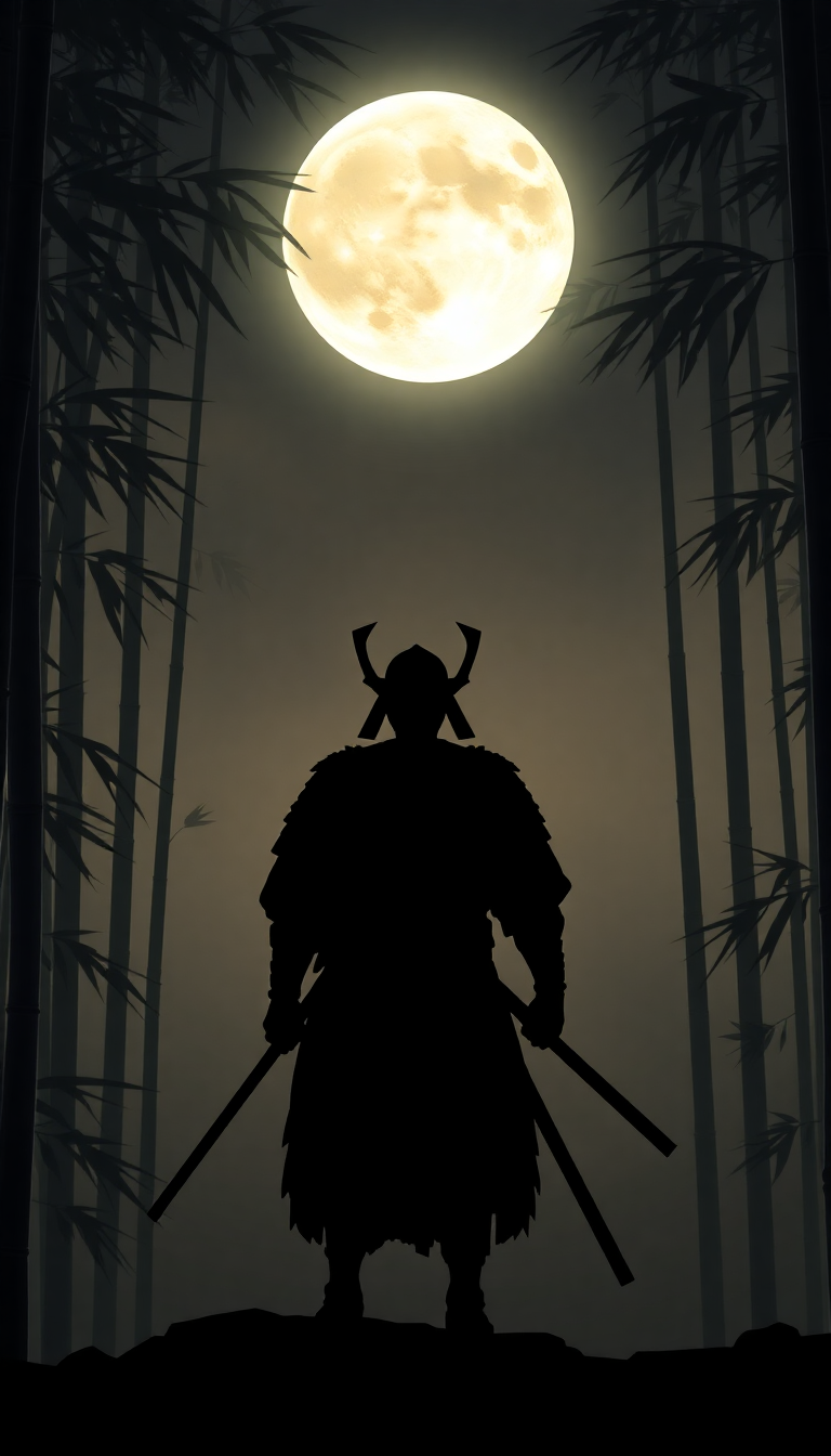 Samurai Silhouette Moonlit Bamboo Forest Digital art Wallpaper