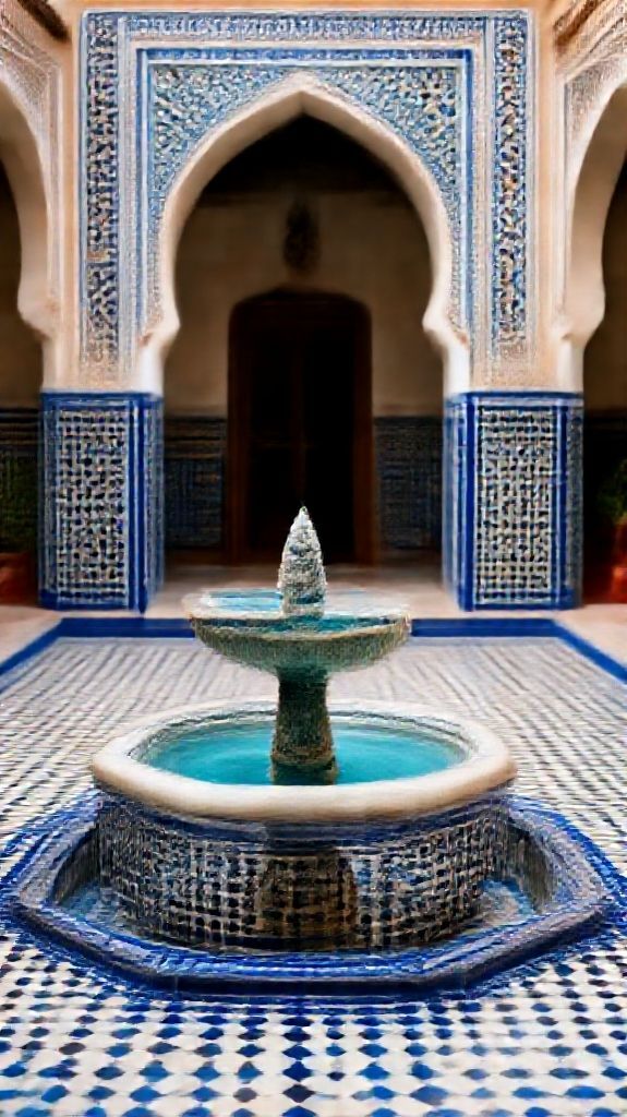 Moroccan Courtyard Tiles Fountain Mosaic Photorealistic Wallpaper