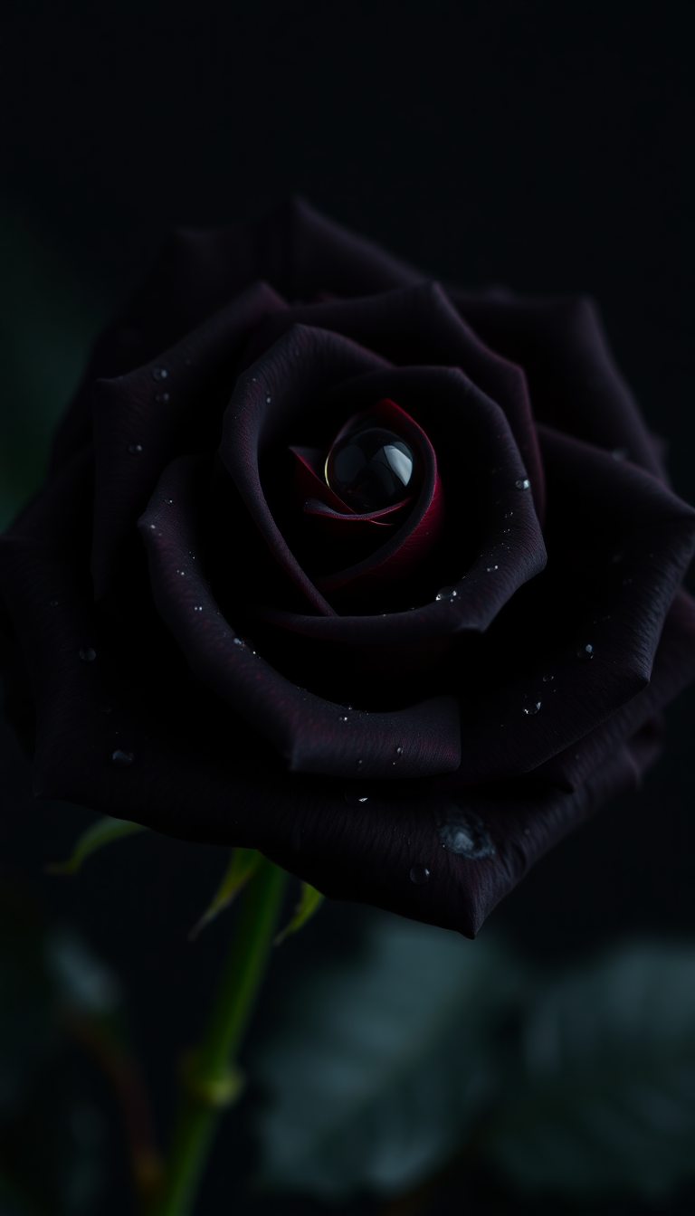 Black Rose With Water Droplets Photorealistic Wallpaper