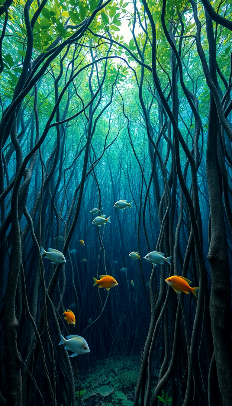 Mangrove Forest Roots Underwater Fish Photorealistic Wallpaper