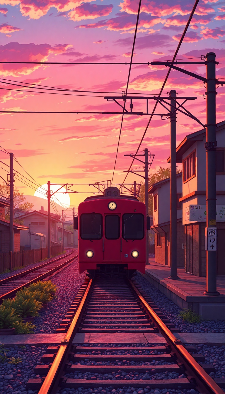 Train Crossing Rural Japan Sunset Anime Wallpaper