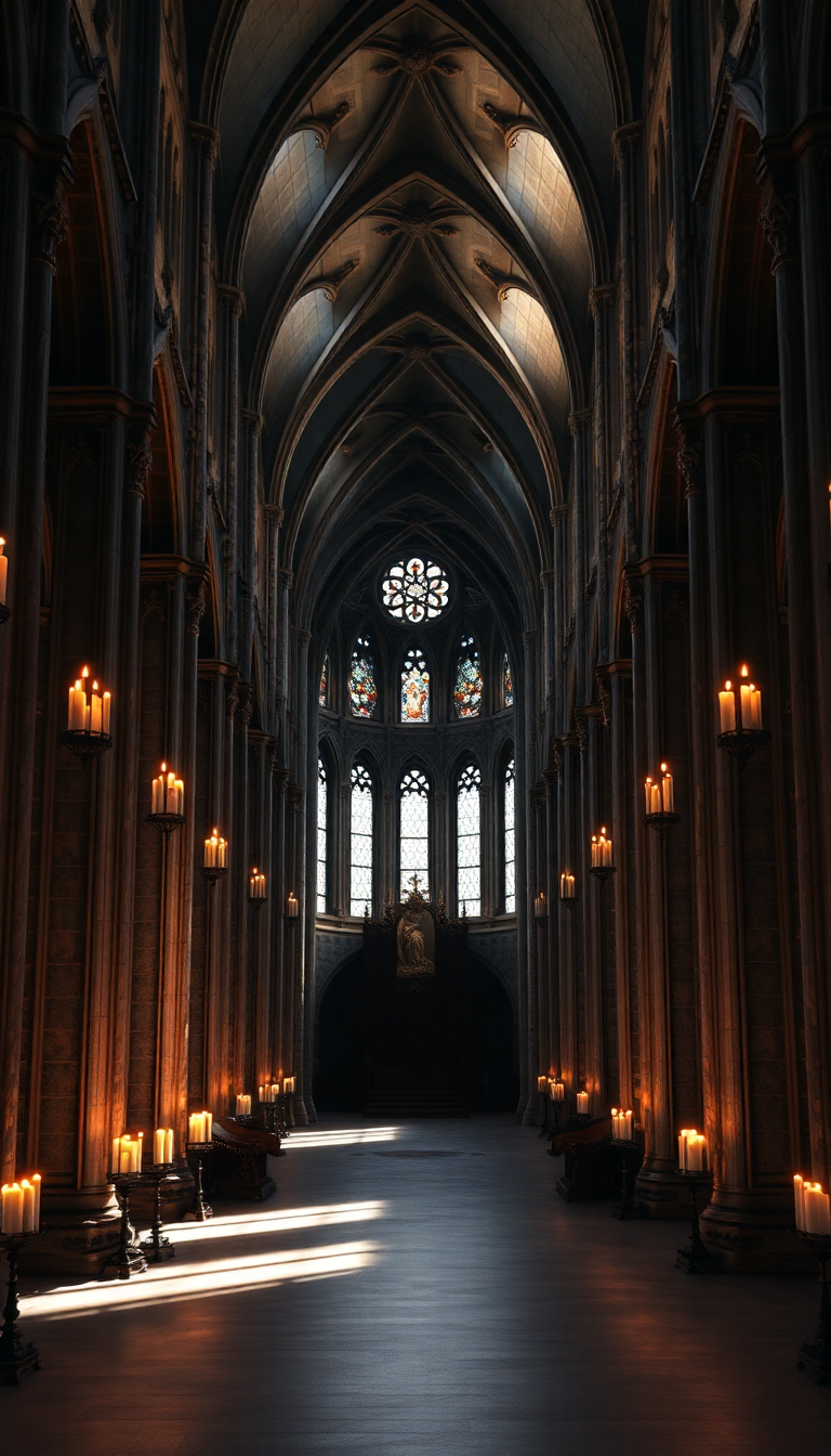 Gothic Cathedral Interior Candlelight Shadows Photorealistic Wallpaper