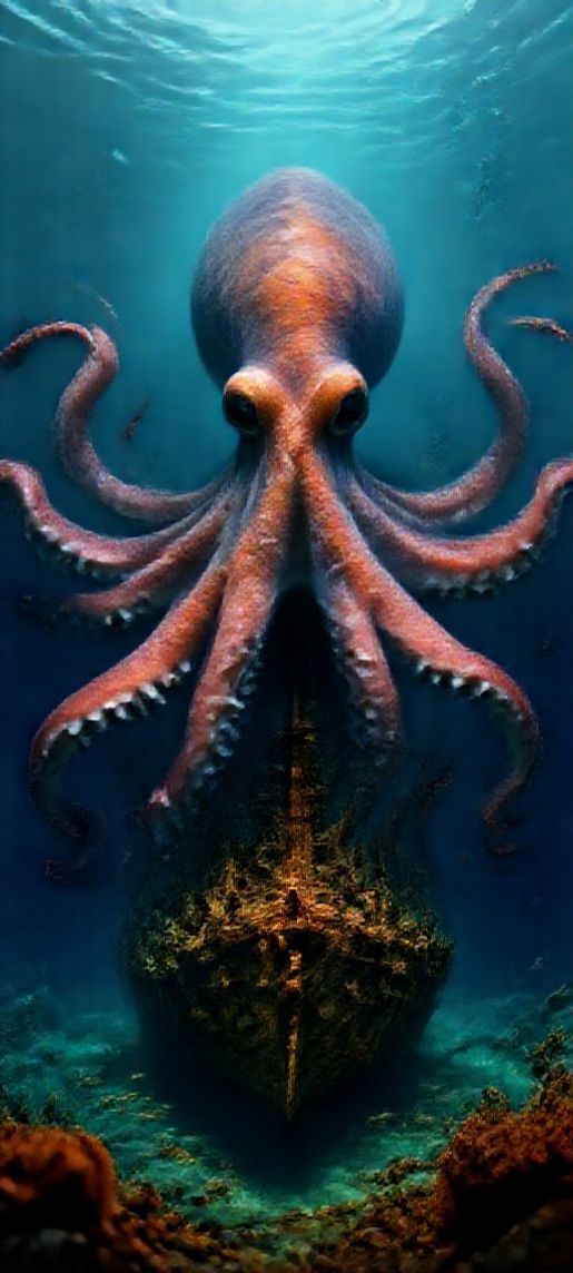 Giant Octopus Shipwreck Deep Ocean Digital art Wallpaper