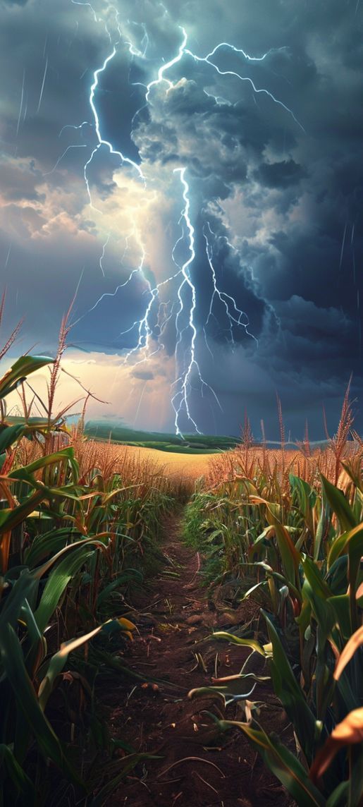 Summer Thunderstorm Lightning Over Cornfield Photorealistic Wallpaper