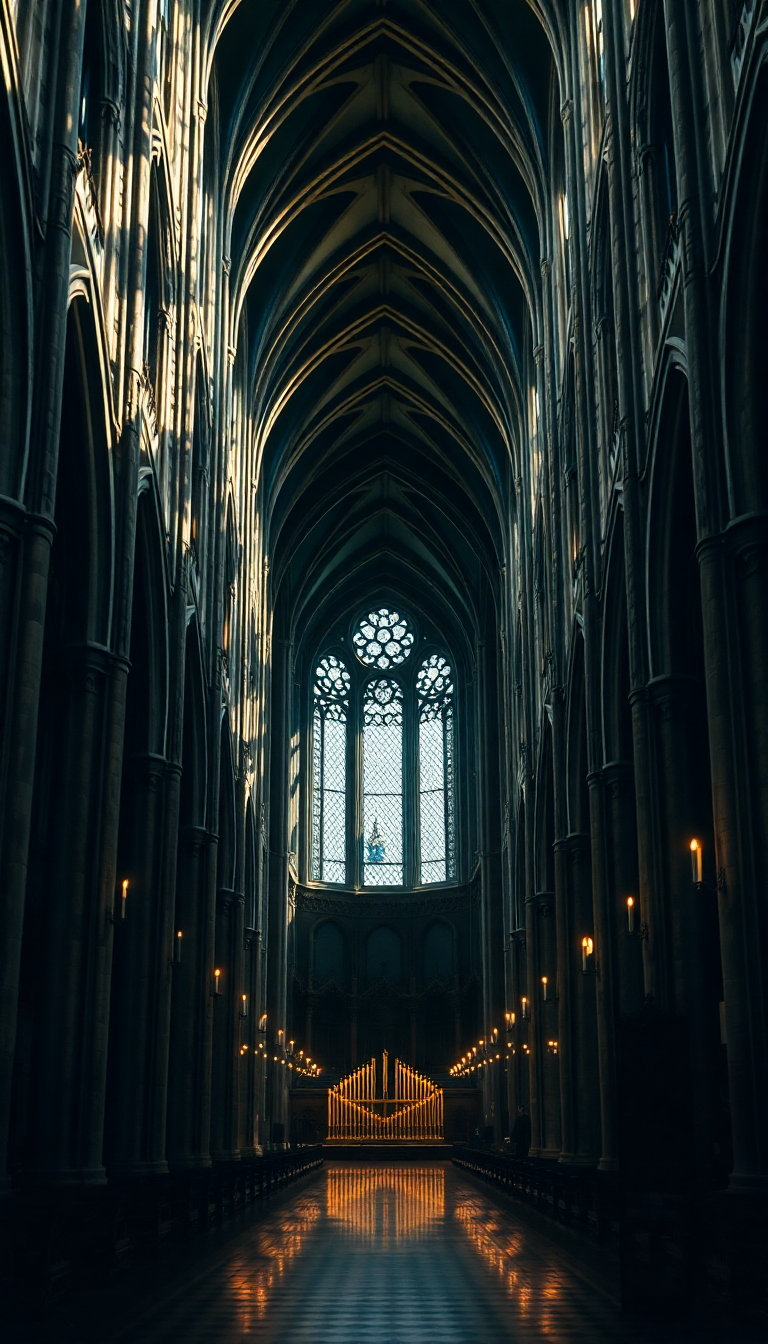 Gothic Cathedral Interior Candlelight Shadows Photorealistic Wallpaper