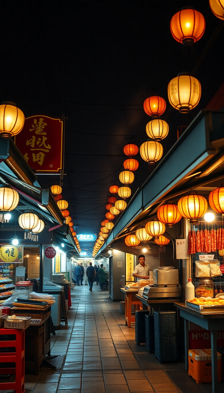 Night Market Street Food Stalls Photorealistic Wallpaper
