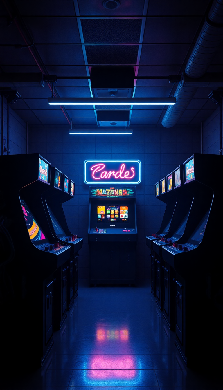 Old Arcade Machines Dark Room Photorealistic Wallpaper