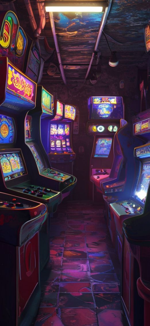 Old Arcade Machines Dark Room Photorealistic Wallpaper