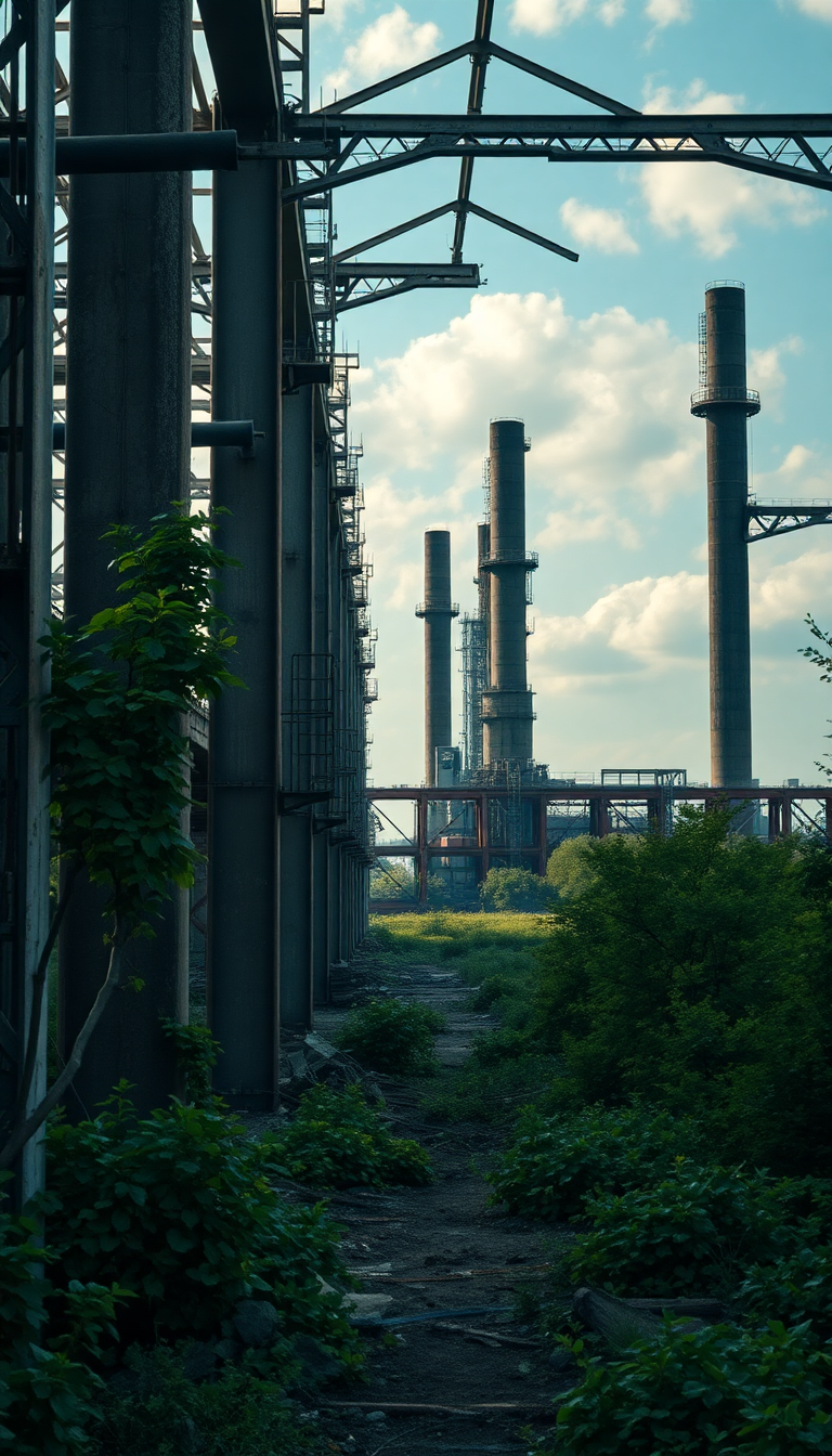 Abandoned Factory Nature Reclaiming Industrial Photorealistic Wallpaper