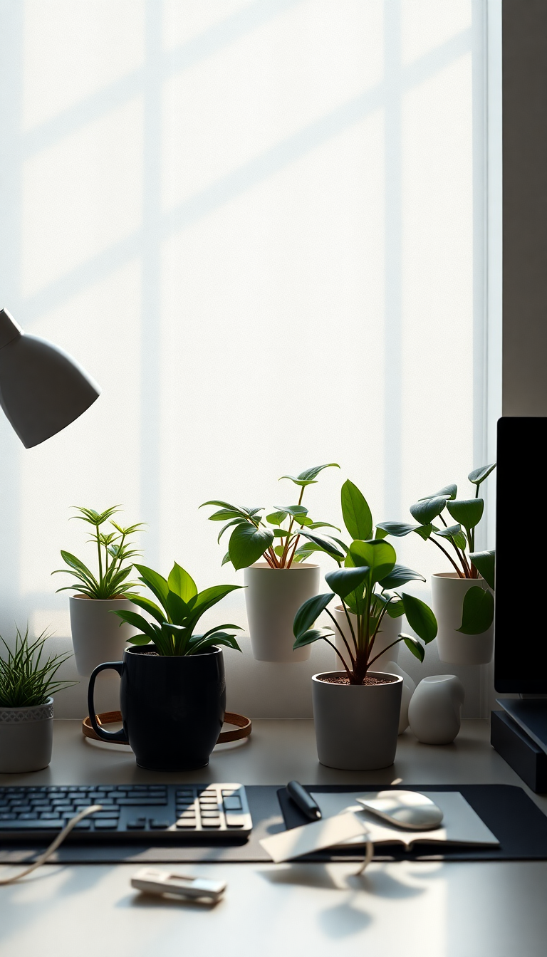 Minimalist Desk Setup Plants Morning Photorealistic Wallpaper