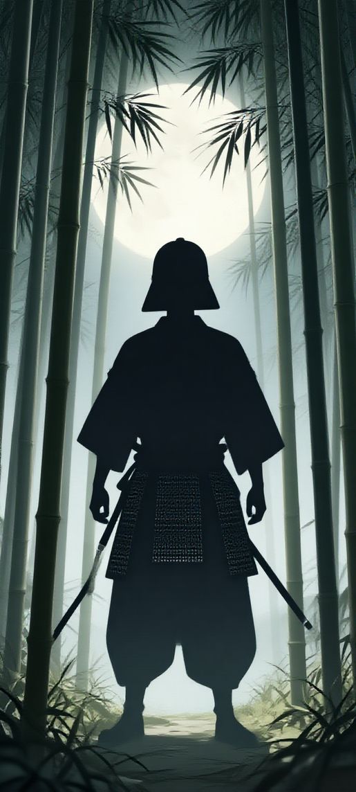 Samurai Silhouette Moonlit Bamboo Forest Digital art Wallpaper