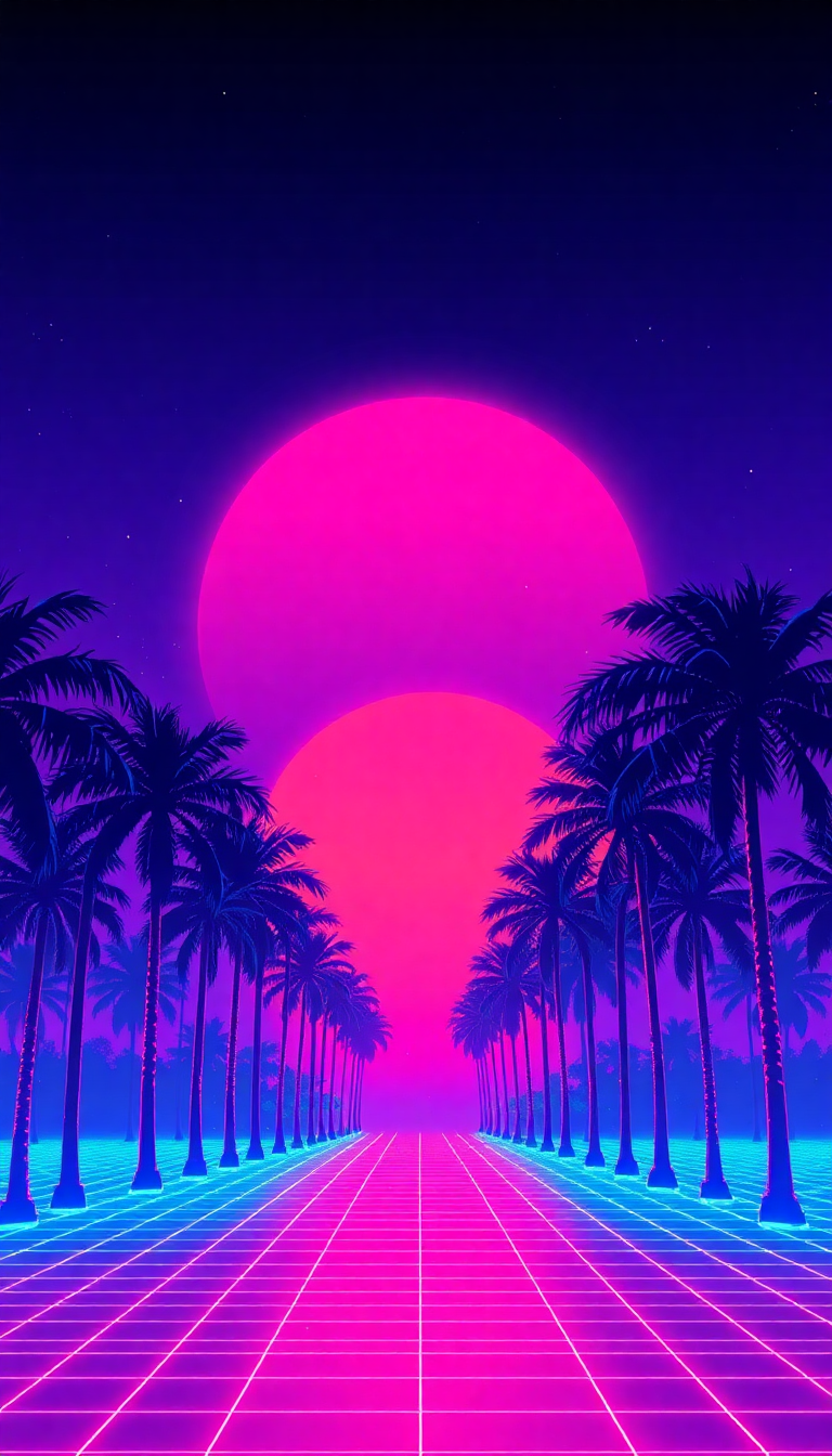80s Synthwave Grid Sunset Palm Digital art Wallpaper