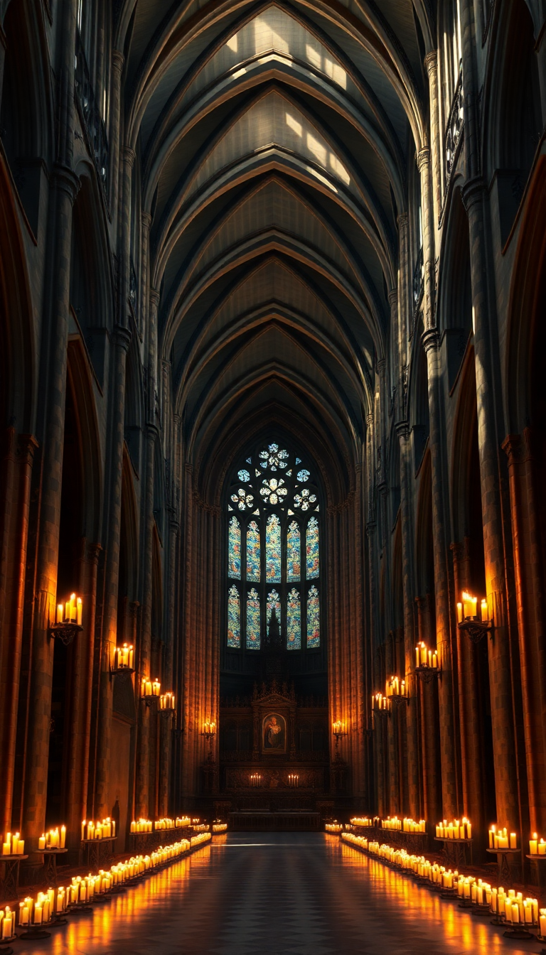Gothic Cathedral Interior Candlelight Shadows Photorealistic Wallpaper