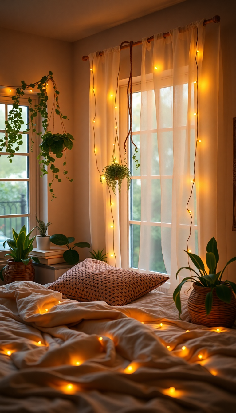 Indie Bedroom Fairy Lights Plants Photorealistic Wallpaper