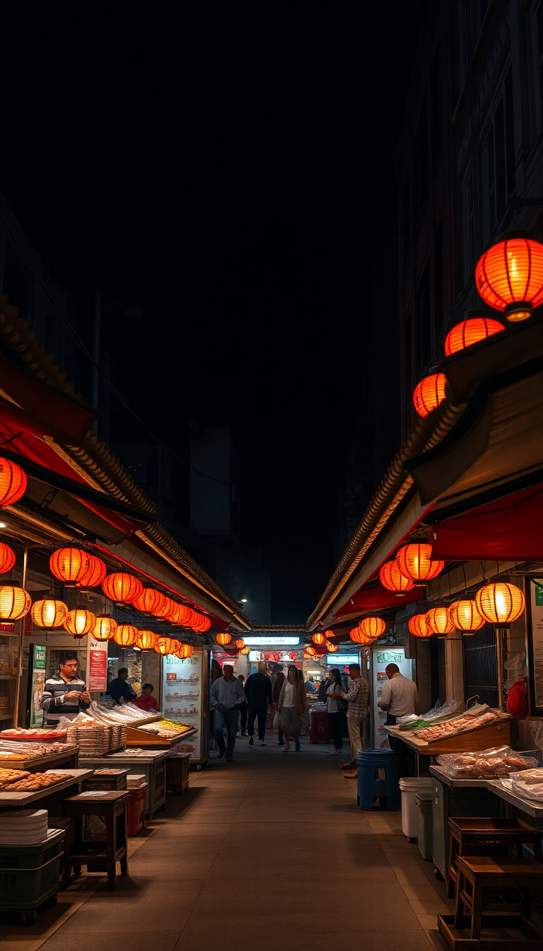 Night Market Street Food Stalls Photorealistic Wallpaper